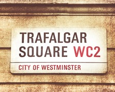 Rustic wall art of Trafalgar Square street sign in London
